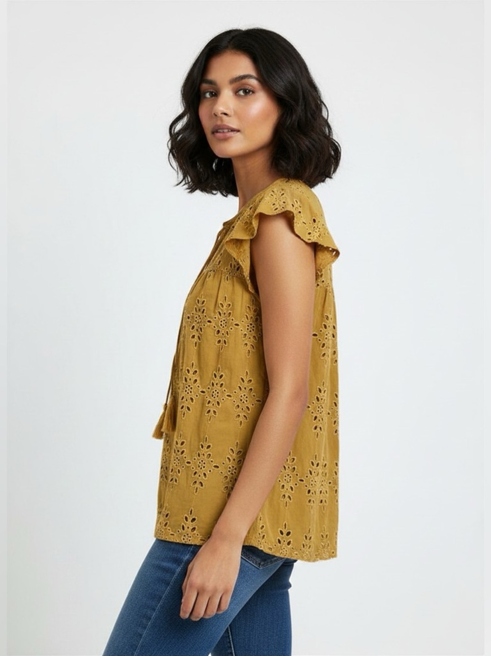 Old Navy Sahara Gold Eyelet Cutwork Swing Top Boho Tassel Peasant Blouse SP S/P